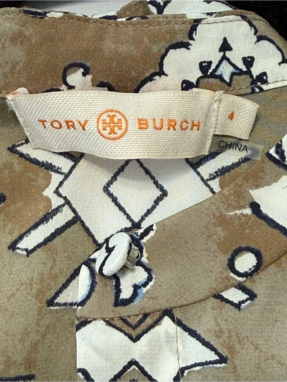 Tory Burch Silk Tie Neck Button Down Floral Tunic Blouse Taupe Cream Size 4